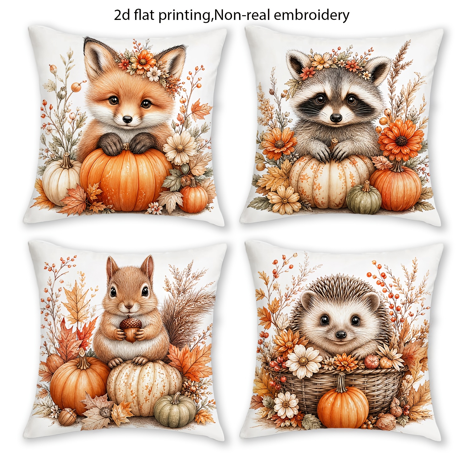 TEMU 4pcs 2d Flat Double-side Print Woodland Animal Fall Pumpkin Throw Pillow Covers, Non-real Embroidery Fox Squirrel Hedgehog Cushion Covers, 16x16