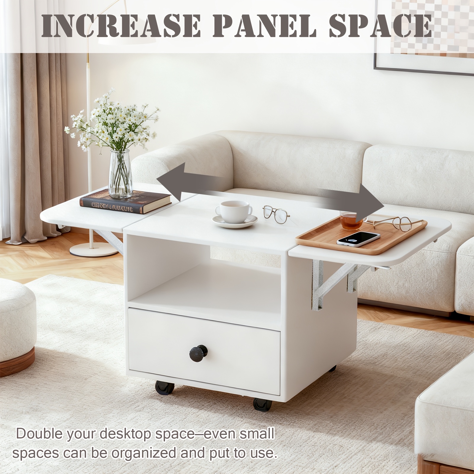 White Wooden Folding Coffee Table With Wheels | Multi-functional Extendable Side Table With Drawers And Open Shelves, Suitable For Dining Room, Bedroom, Living Room