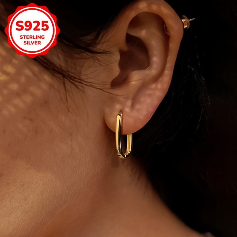 

S925 Sterling Silvery U-shaped Hoop Earrings For Women, Simple , 7g - Ideal For And Gift