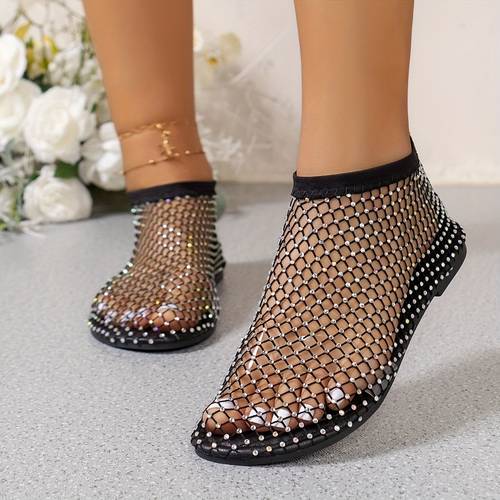 womens breathable mesh slip on flat sandals with elastic band sparkling embellishments round toe summer casual shoes for parties outdoor activities white black