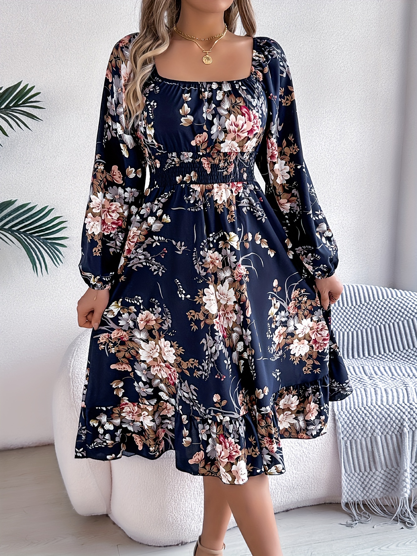 womens floral neck long sleeve dress a line - Temu Germany
