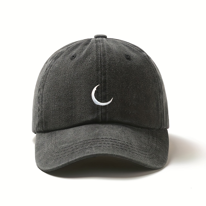 TEMU A Vintage-style Moon Embroidery Baseball With Washed, Distressed, And Soft Top. Adjustable Sizing, 100% Polyester, Geometric Pattern. Hand Or