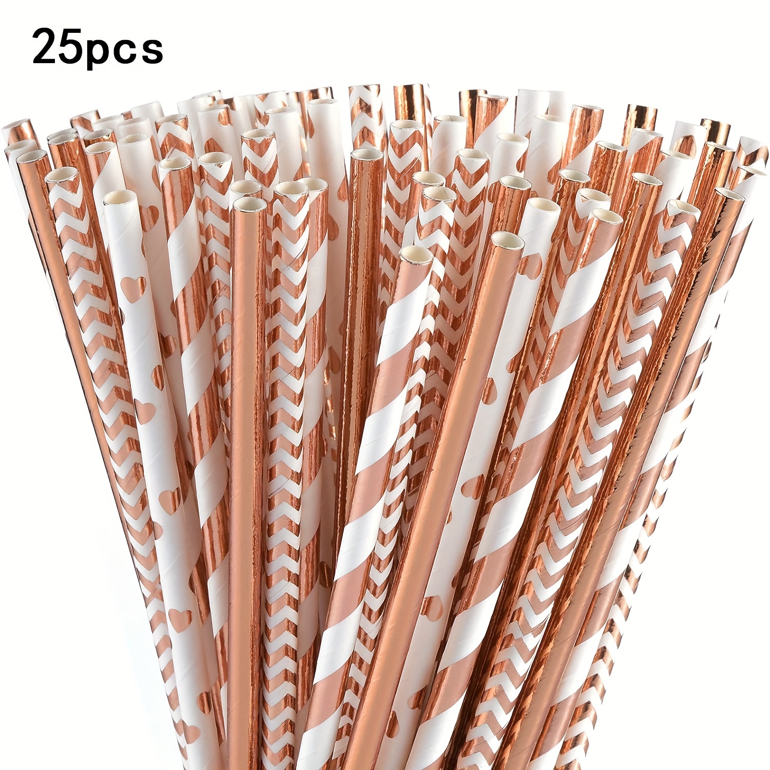 

25 Pcs Biodegradable Rose Golden Paper Straws With Metallic Foil Designs: Perfect For Birthday, Wedding, And Holiday Parties - Includes 2 Straws With Heart Decorations