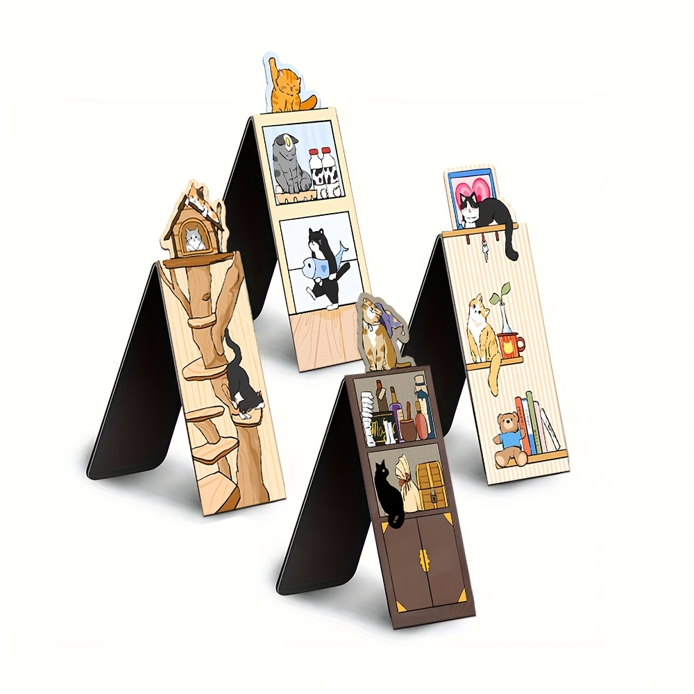 E-shop Set mit 4 magnetischen Lesezeichen für Katzen, gemütliches Holzhaus-Design, kreative Seitenmarkierer zum Lernen und für den Gebrauch an