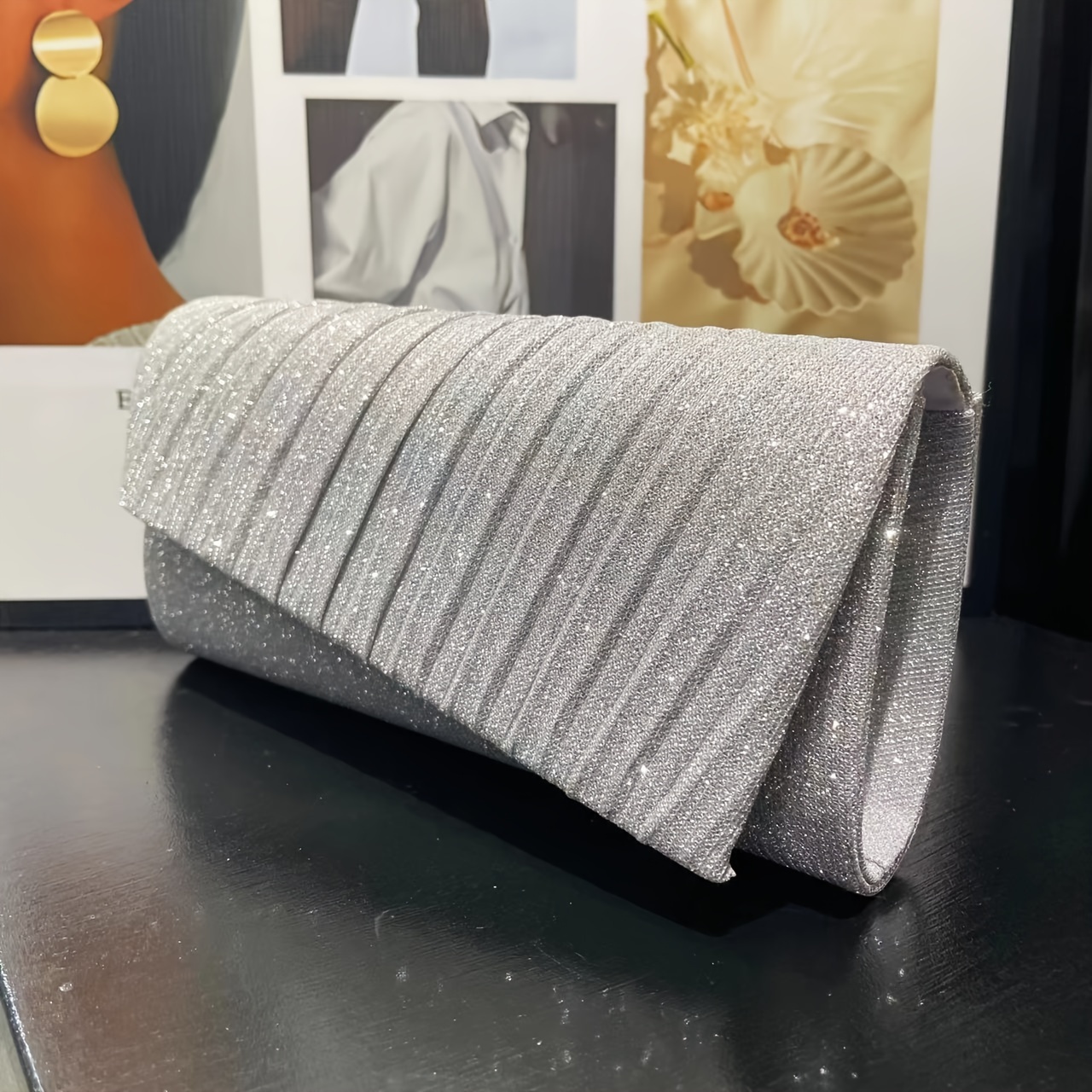 TEMU Chic Slant Design Pleated Evening Clutch With Detachable Metal Chain Crossbody Strap, Women's Party Dinner Handbag