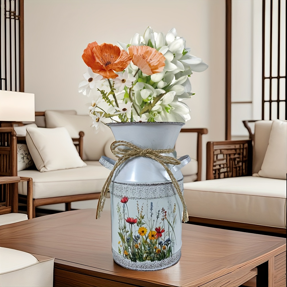 E-shop Vintage Metallvase mit geometrischem Muster & natürlichen Hanfseilgriffen – Zylindrische Dekorationsvase für frische Blumen oder