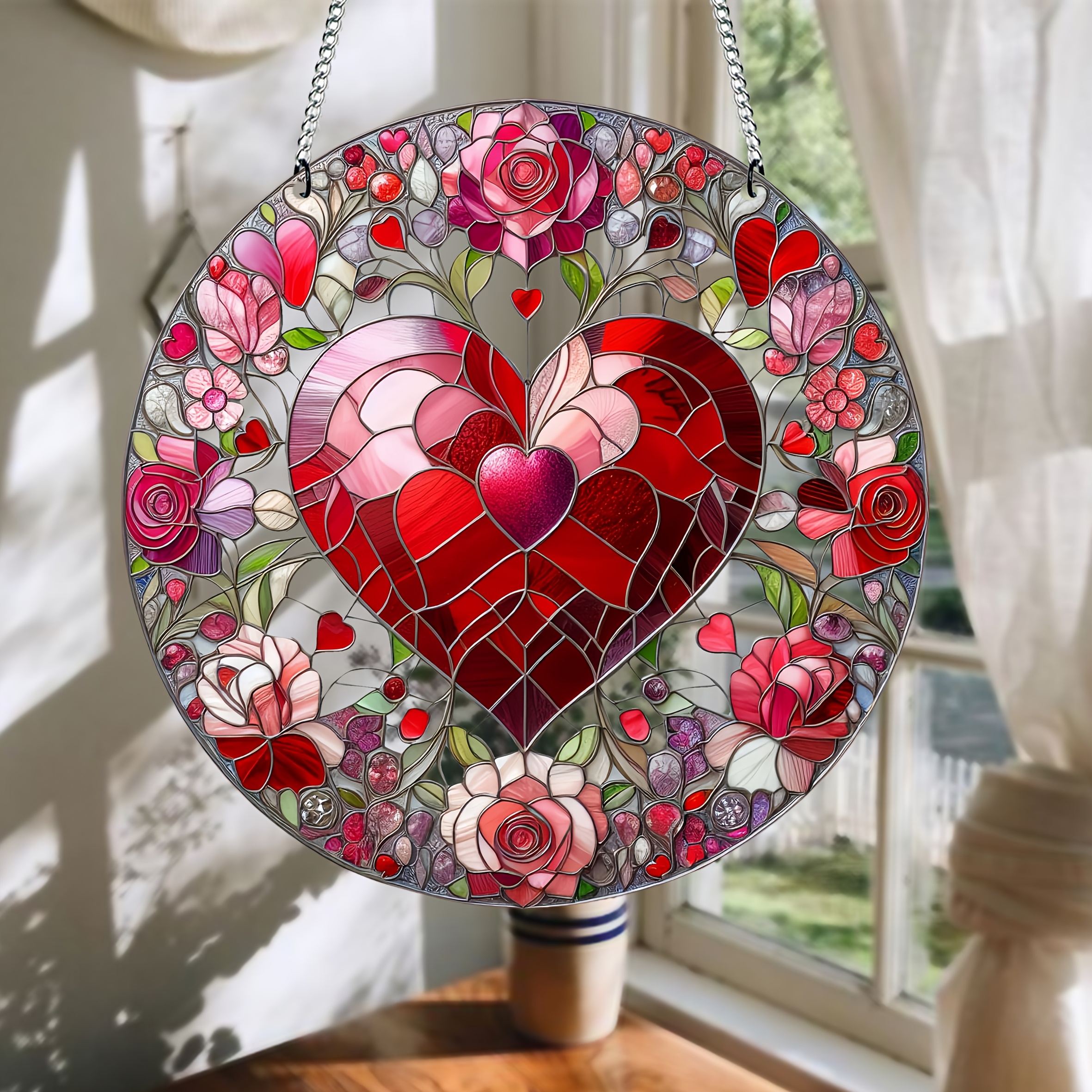 

Valentine's Day Heart-shaped Suncatcher Pendant, Style Acrylic Hanging Decor, Round Window And Garden Ornament, With No Electricity Needed, For Seasonal Decoration And Gifts, 7.87