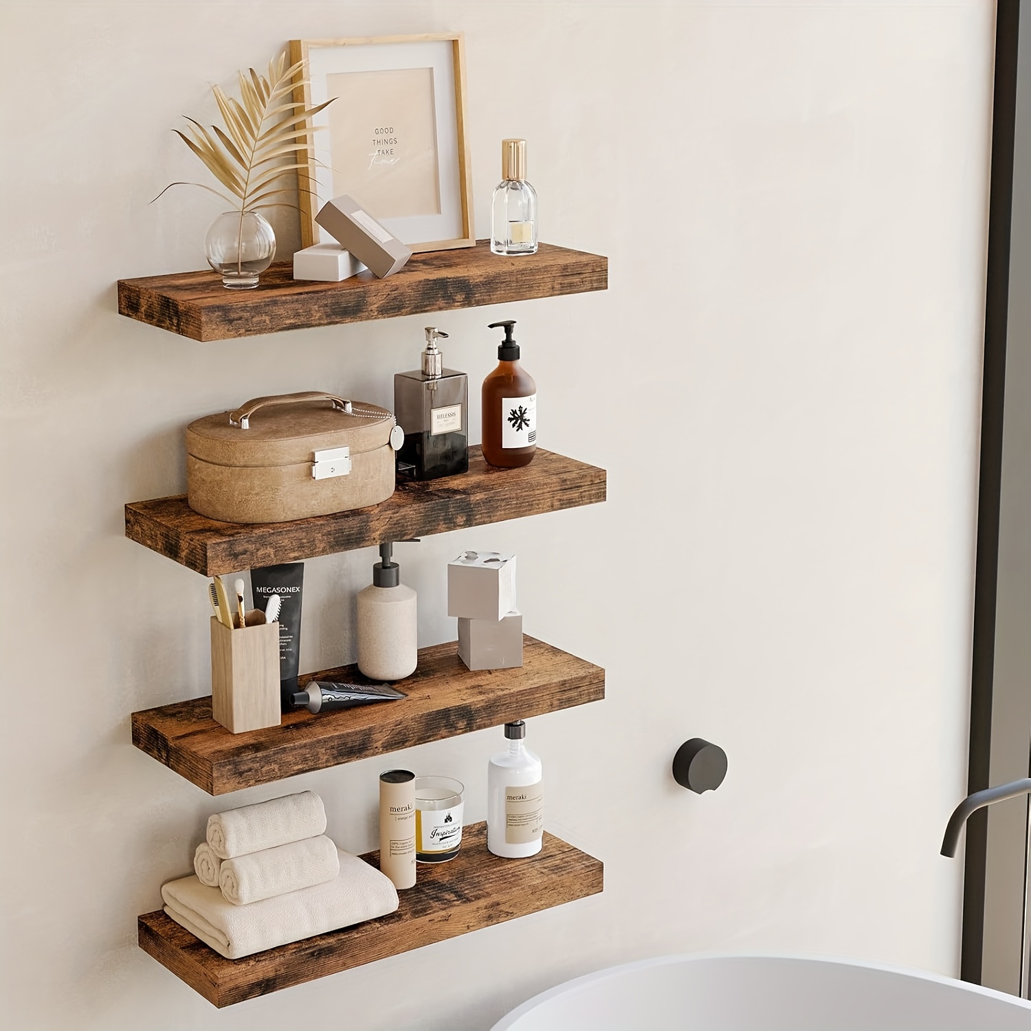 4pcs Vintage Wooden Floating Shelves Organizer, Rustic Wall Mounted Kit