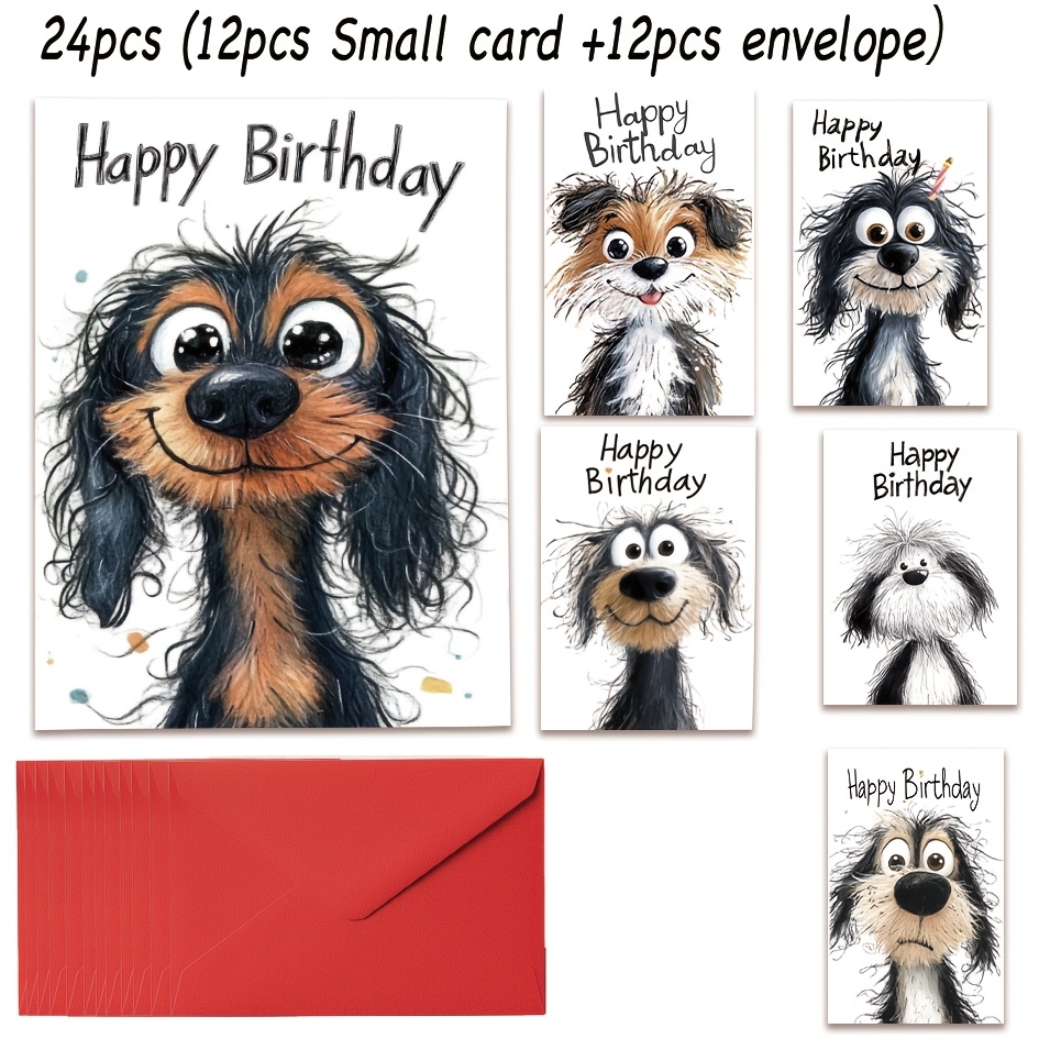 

24-pack Cartoon Dog Birthday Greeting Cards With Envelopes - Personalized Paper Cards For Pet Lovers, Friends, , And - Animal Theme, No Electricity Needed