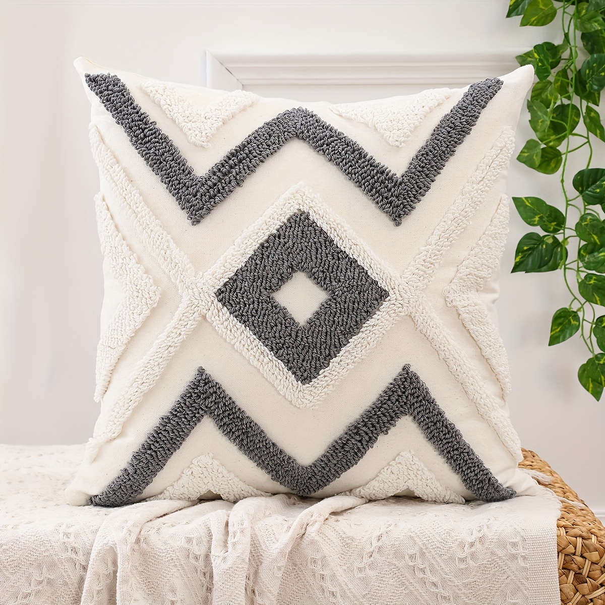 Contemporary Geometric Embroidered Canvas Throw Pillow Cover With Zipper Closure - Hand Wash Only, Colors