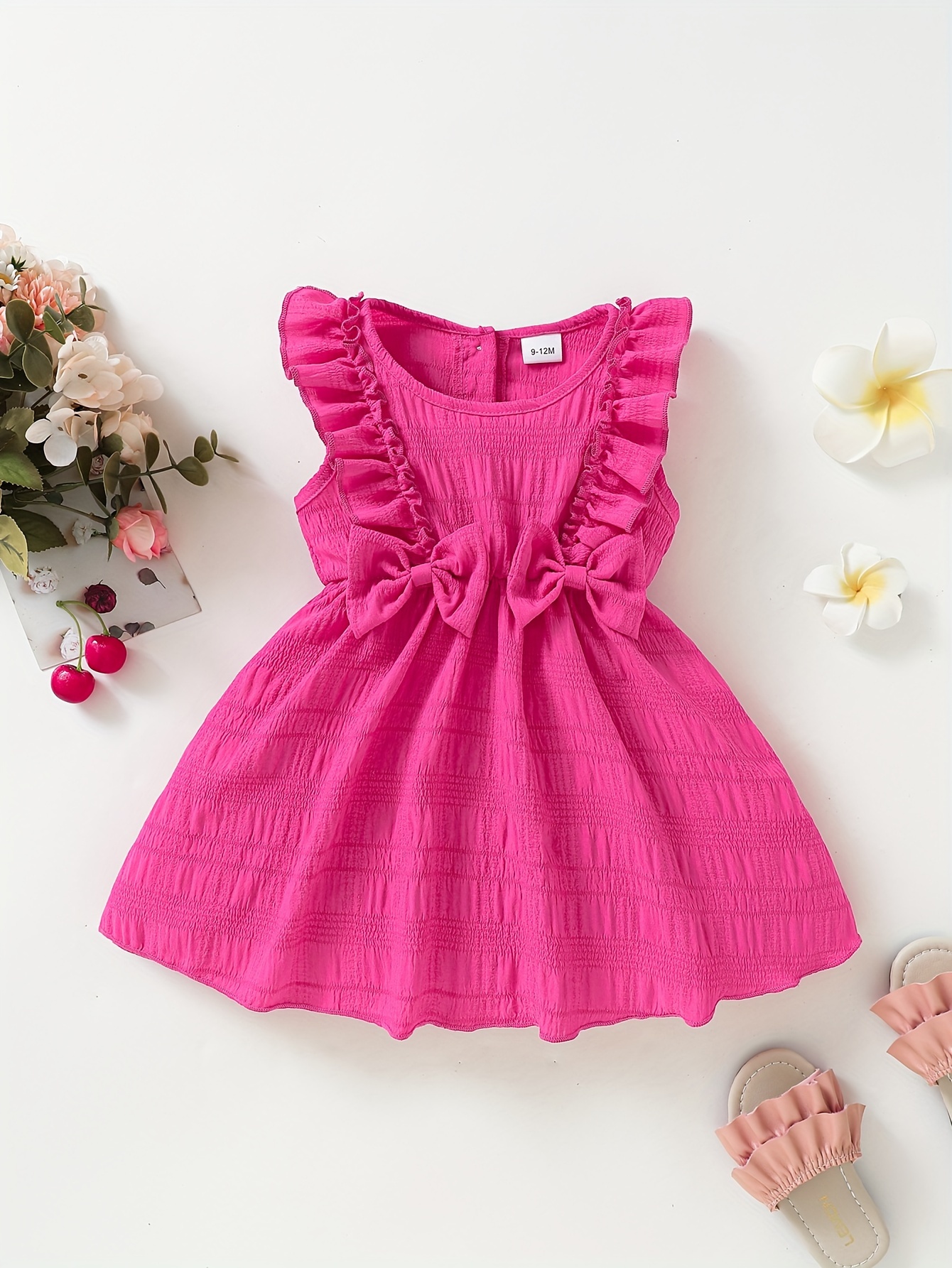 Baby Girl Solid Textured Puff Sleeve Bowknot Dress