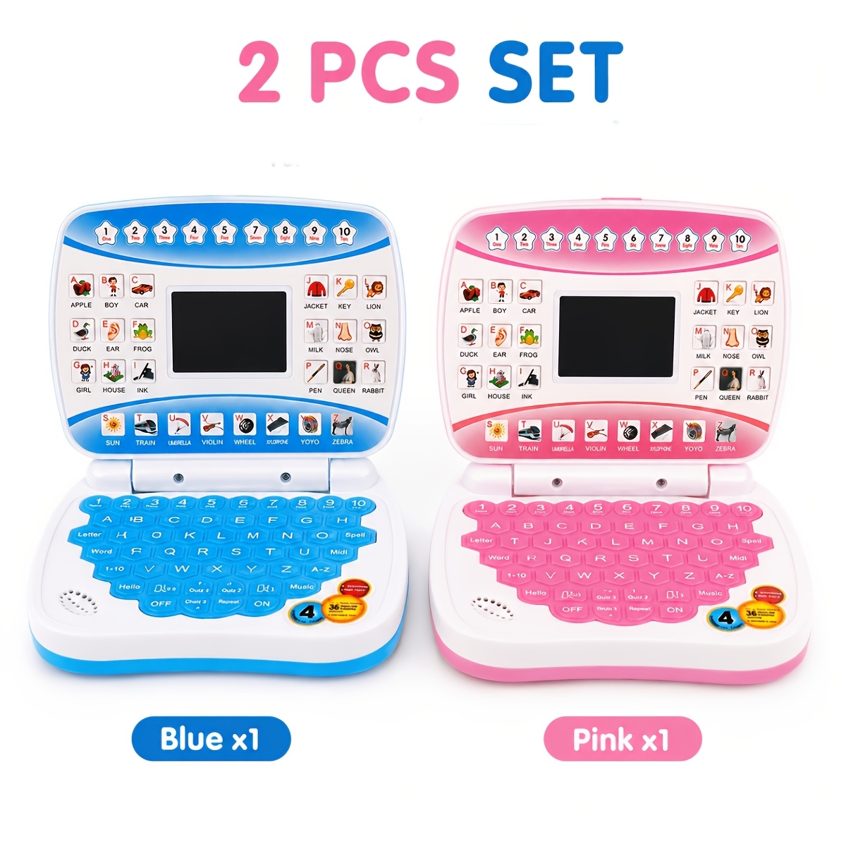 TEMU 2-pack Kids Toy, Blue And Pink Educational Computer Set, Abc Letter And Number Learning, Interactive Keyboard, Spelling Games, Mini Portable