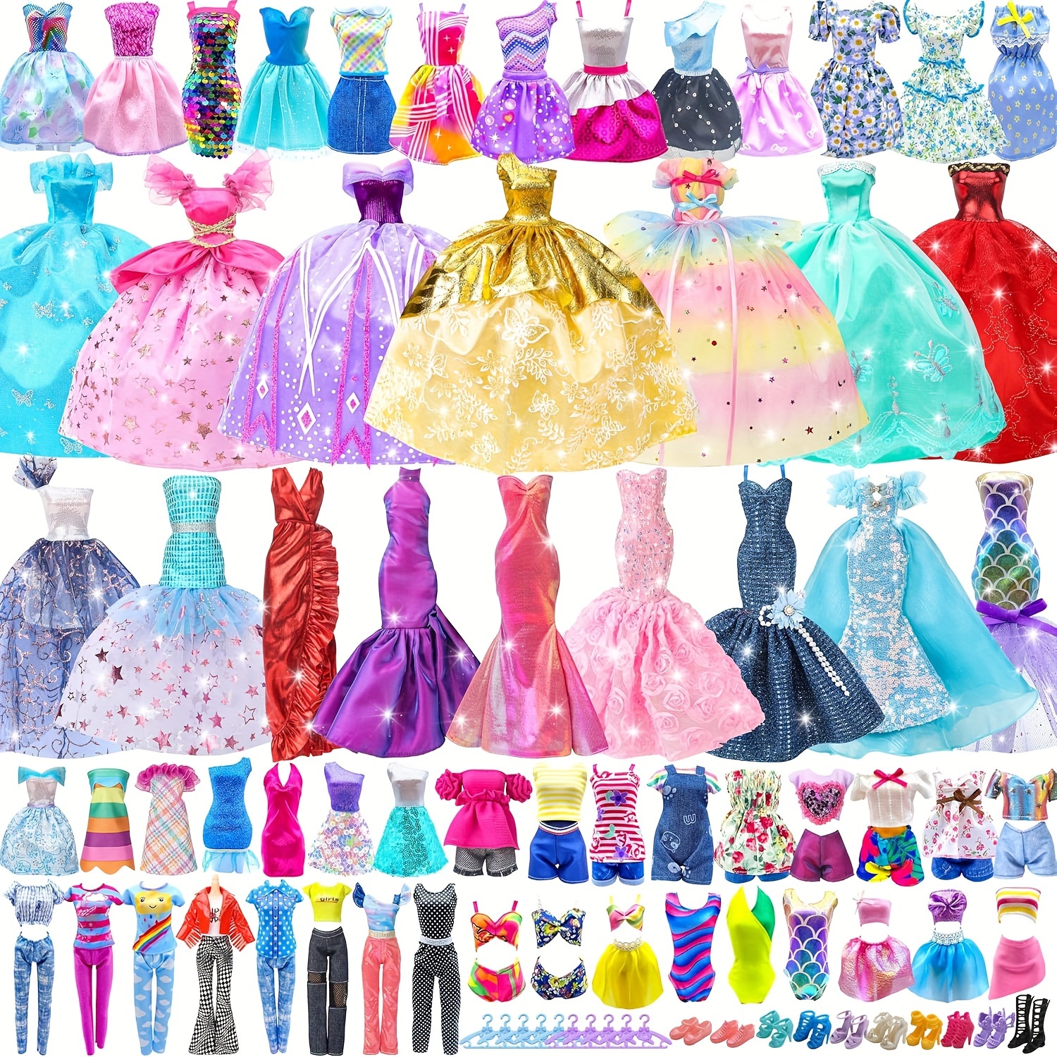 

50pcs Doll Clothes And Accessories Set Includes 4 Gowns, 4 Dresses And 2 Dresses, 2 Evening Dresses, 6 Outfits, 2 Swimsuits And 30 Doll Accessories