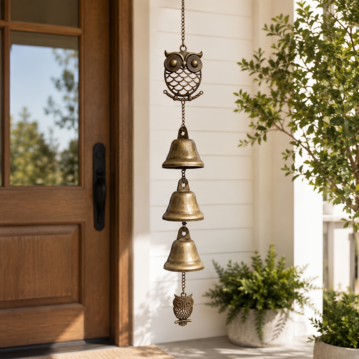 TEMU Bronze Tone Owl Hanging Bell Wind Chime With Small Owl Charm, 3- Door Pendant, 38cm Indoor Outdoor Porch Garden Patio Home Decor