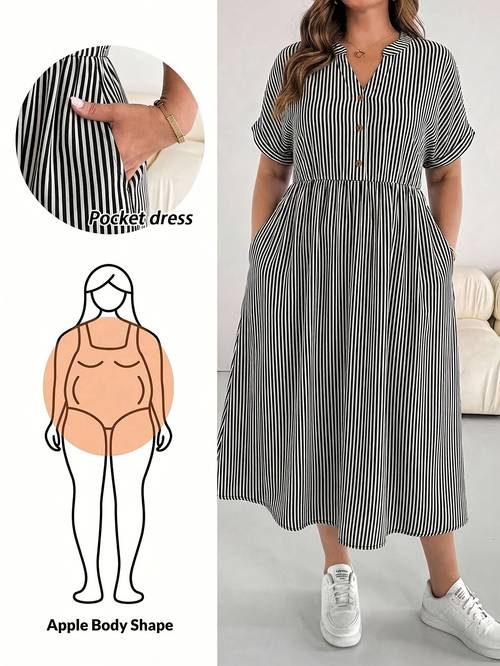plus size - damen streifenmode kleid mit knopfleiste, lang, mit print, elegantes kleid, sommer kleid in großen größen, elegantes kleid in großen größen, temperamentvolles kleid in großen größen