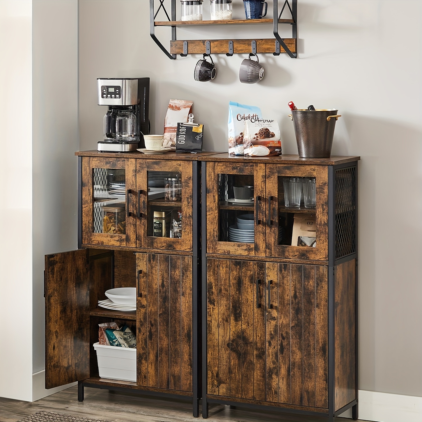 TEMU Armoire de Rangement Industrielle Rustique avec Étagères Réglables - Cadre en Acier et Construction Bois /Contreplaqué, Couleur , 3.2 Pièces