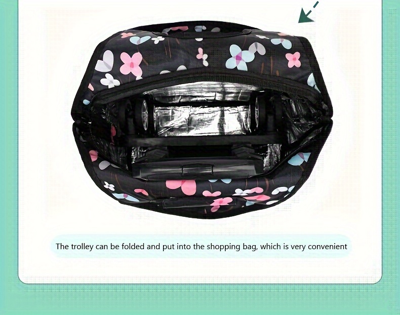 1pc Elegant Heart & Floral Pattern Foldable Shopping Cart with Telescopic Aluminum Handle – Portable 4-Wheel Rolling Grocery & Camping Cart, Black with Blue & Pink Hearts, Hand Wash Only, Travel Storage Cart | Elegant Pattern Design | Durable Fabric Cart