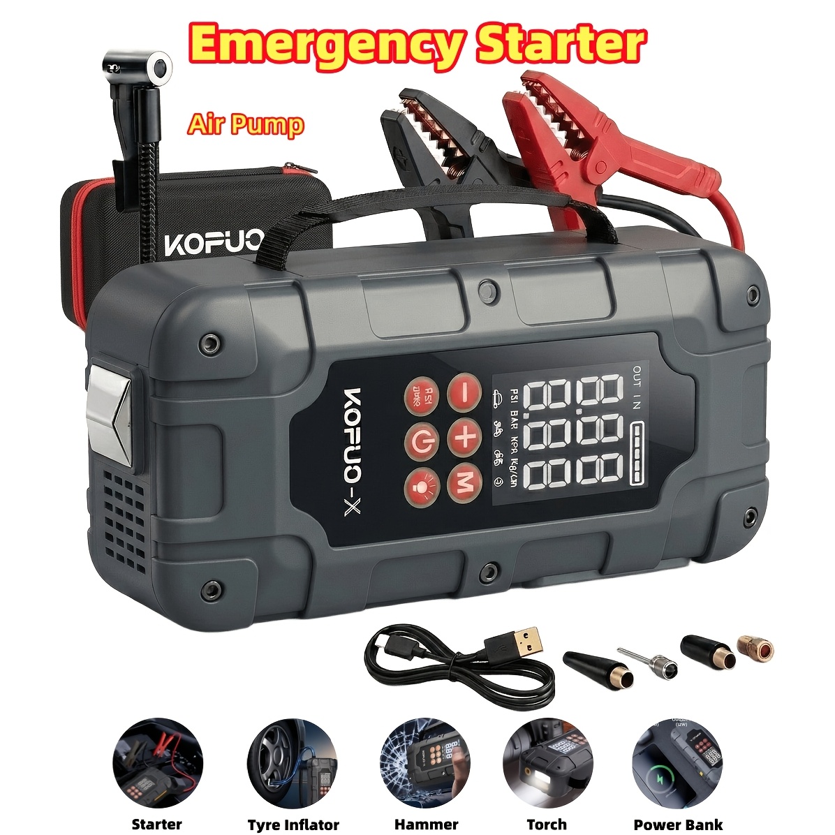 TEMU Kopuo 8000a/10000a 12v Car Jump Starter With Air Compressor, Heavy Duty Pack With 150psi Portable Tire Inflator, Battery Booster Power Bank With