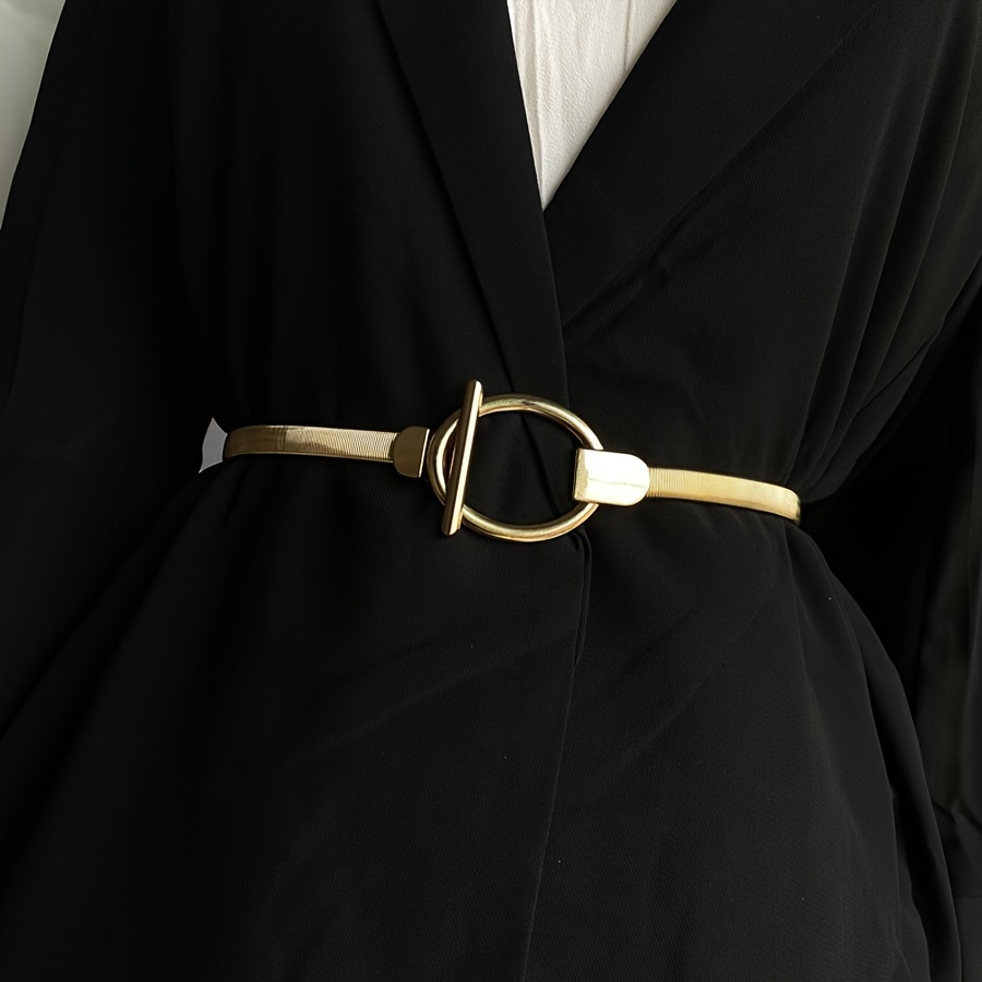 

Classic Ot Buckle Elastic Belts Trendy Golden Skinny Thin Belts For Women Casual Dress Coat Belt