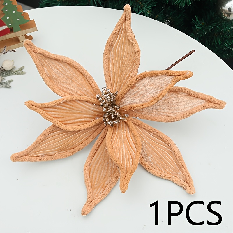 TEMU 1pc Large Christmas Poinsettias For Tree Velvet Christmas Flower 14-inch Brown Artificial Xmas Flower Picks For Christmas Tree Wreath Garland