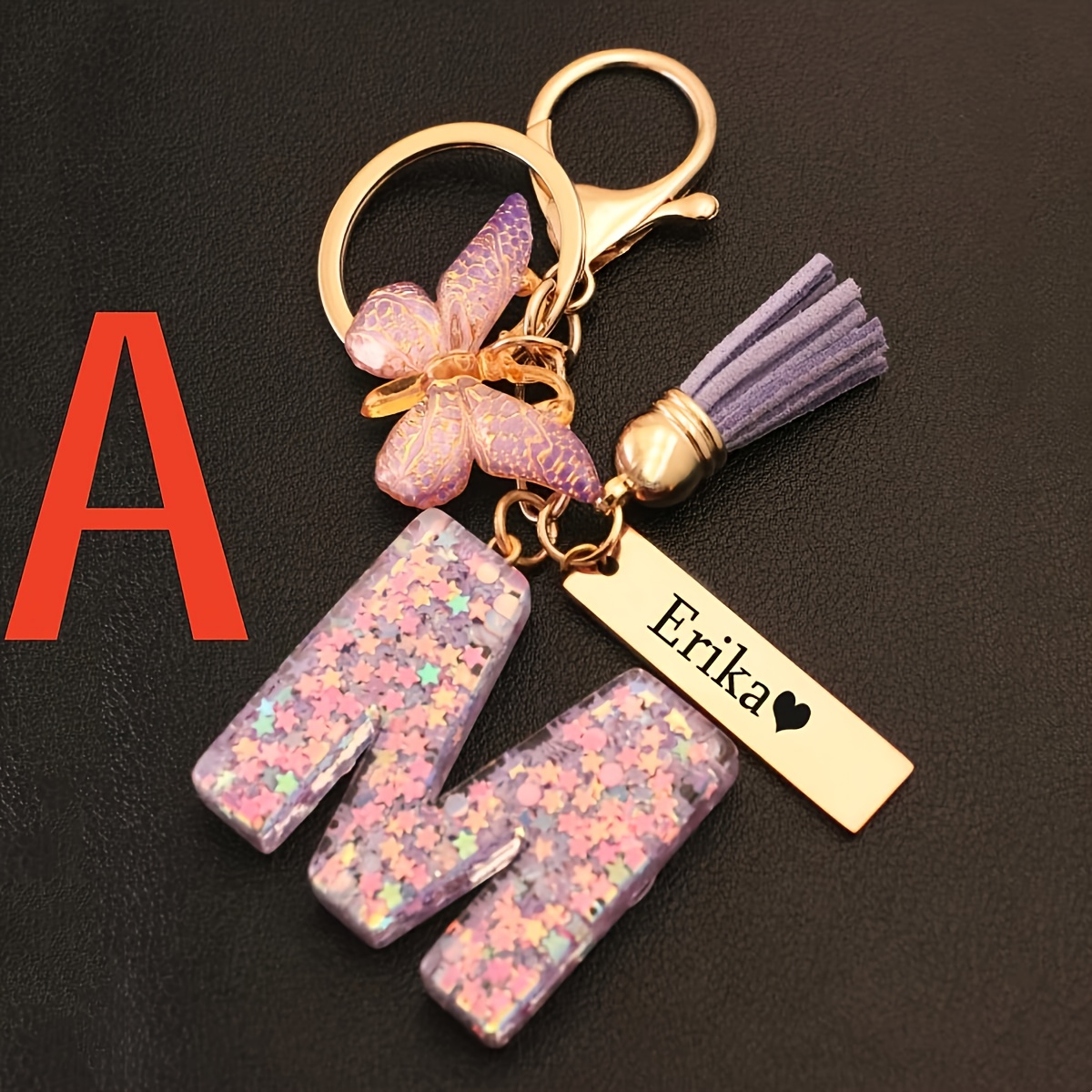TEMU 1pc Fashionable Personalized Custom Name Keychain - A-z Letter Shiny Resin Keychain With And Tassel In A Cute Pink-purple Tone, Featuring