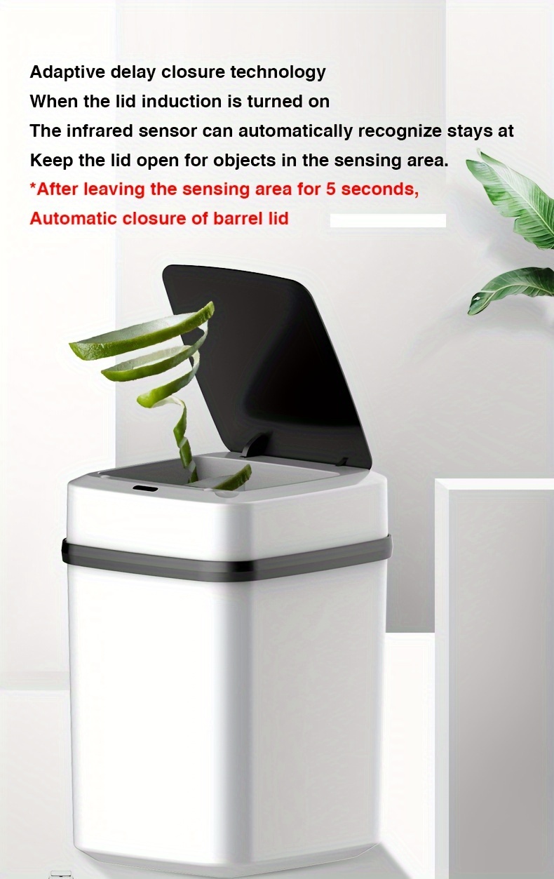 1pc smart automatic sensor trash can with lid plastic garbage bin container silent operation for home kitchen living room bathroom adaptive delay closing technology details 0
