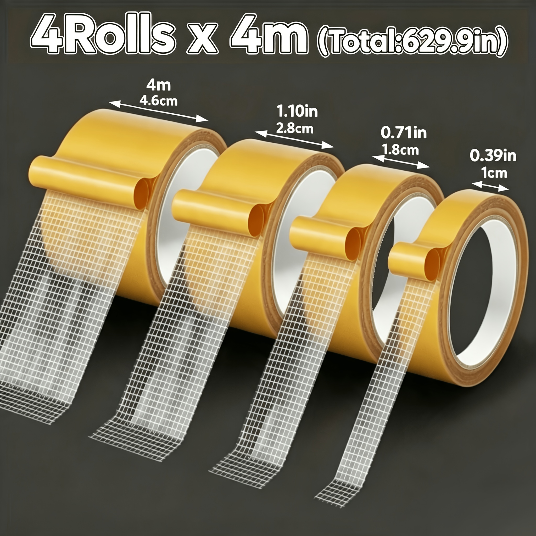 TEMU Lot de 4 rouleaux de ruban adhésif double face haute résistance, ruban en à base de tissu à haute viscosité, longueur 16 mètres, convient pour