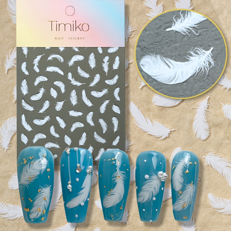 Image of Timiko 1pc Feather Nail Art Sticker, Self-adhesive Plastic Nail Embellishment, Single Use, Semi-, Irregular Shape, Embroidered Design, Unscented - Ideal For Diy Manicure By Women