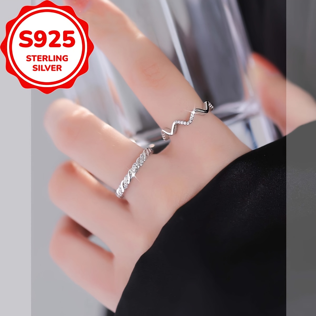 2pc Minimalist Fashion S925 Silver Braid Wave Pattern Ring Set