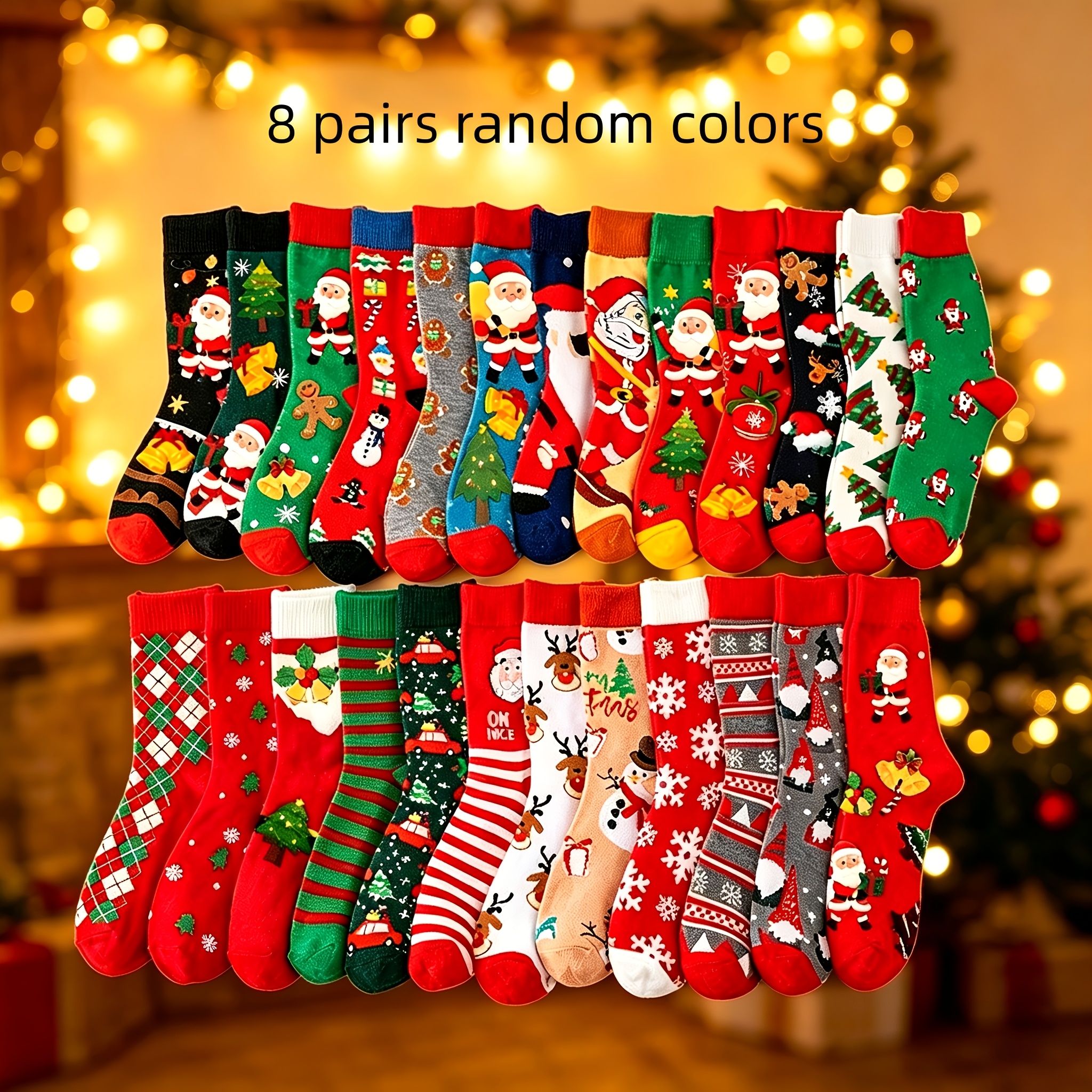 TEMU 8 Pairs Random Women's Christmas Mid-calf Socks Autumn Winter Festive Fashion Socks Cute Cartoon Santa Reindeer Snowman Warm Long Socks