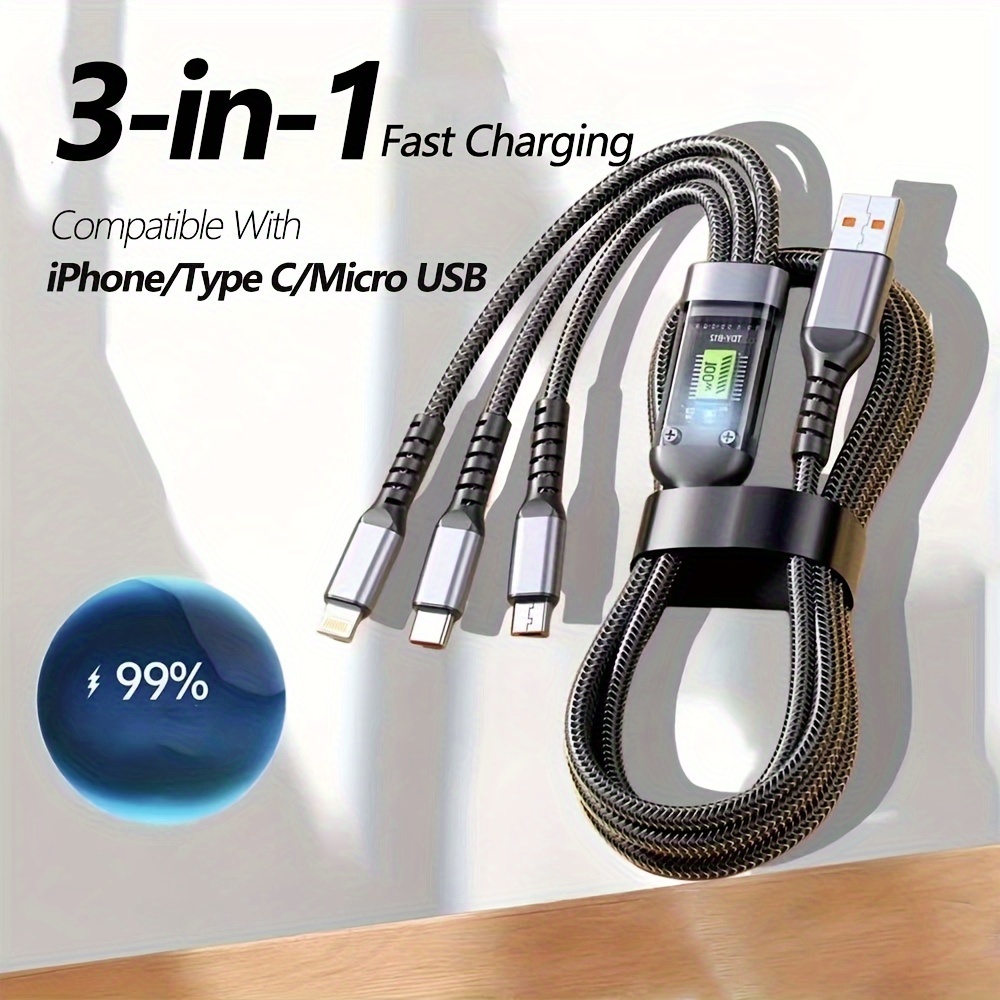 

3-in-1 Charging Cable With Qc3.0 - Braided, Multi-device Compatibility For Iphone/android/tablets