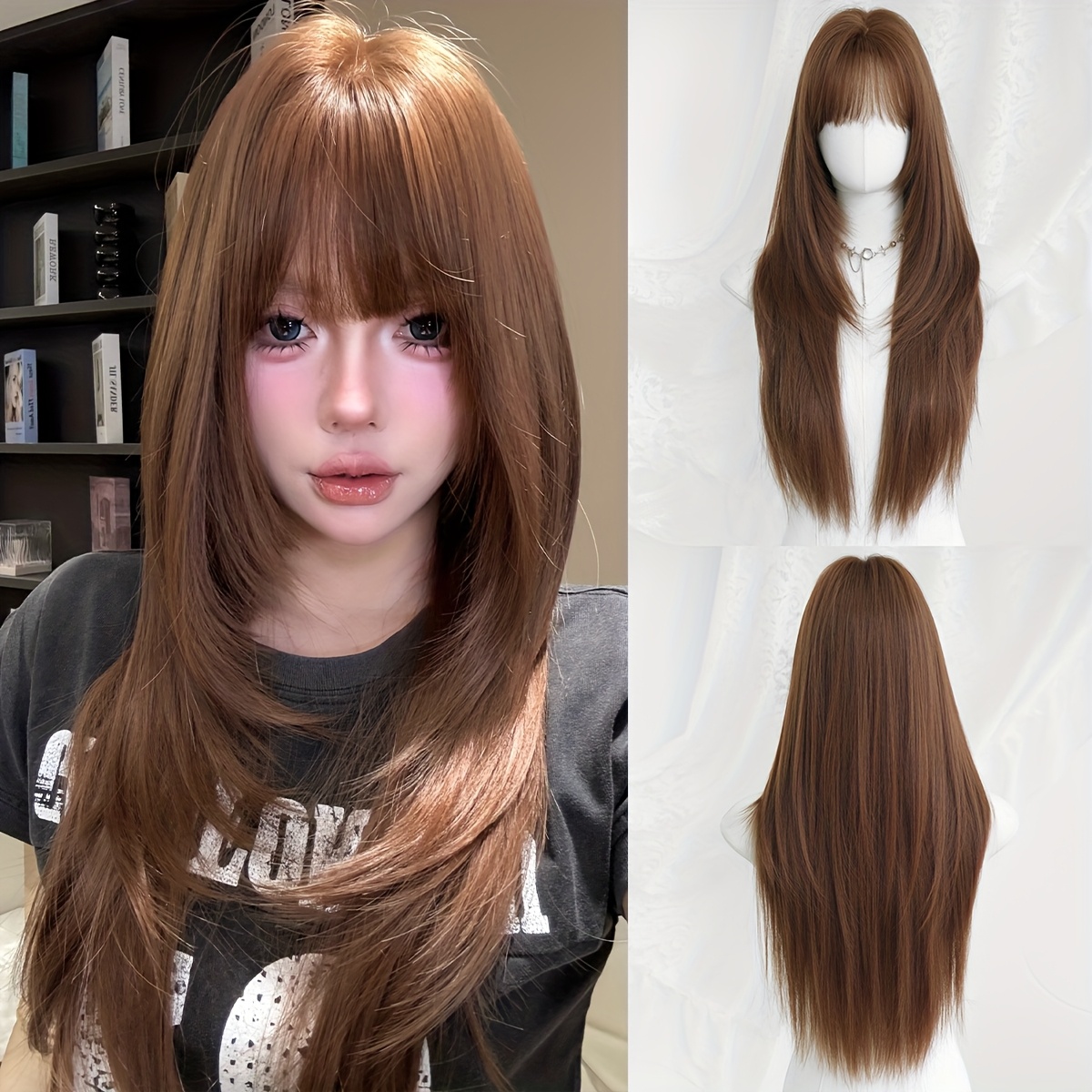 TEMU 【商品名】合成ウィッグ ロングストレートウィッグ 高密度 耐熱 ティーブラウンウィッグ 女性用 デイリー パーティー 音 30インチ