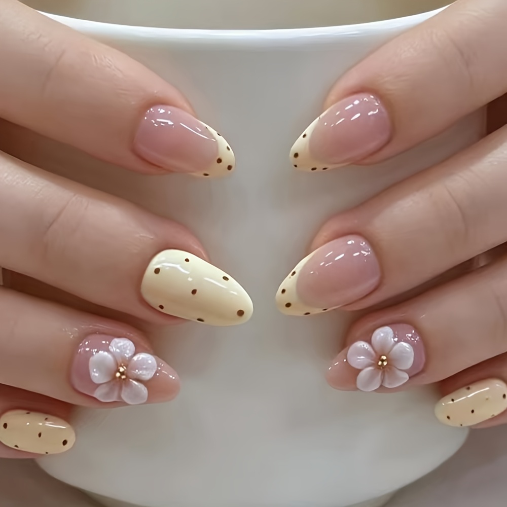 TEMU 30pcs Medium Almond Press On Nails, Sheer Nude Base Cream Yellow French Tips, Tiny Brown Polka Dot & Handmade White Flower With Golden Bead