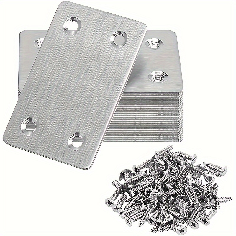 

50pcs Metal Flat Stand Stainless Steel Straight Piece 4 Hole Fixed Angle Stand 10pcs Countersunk Screw 40pcs For Furniture, Wood, Shelves, Cabinets