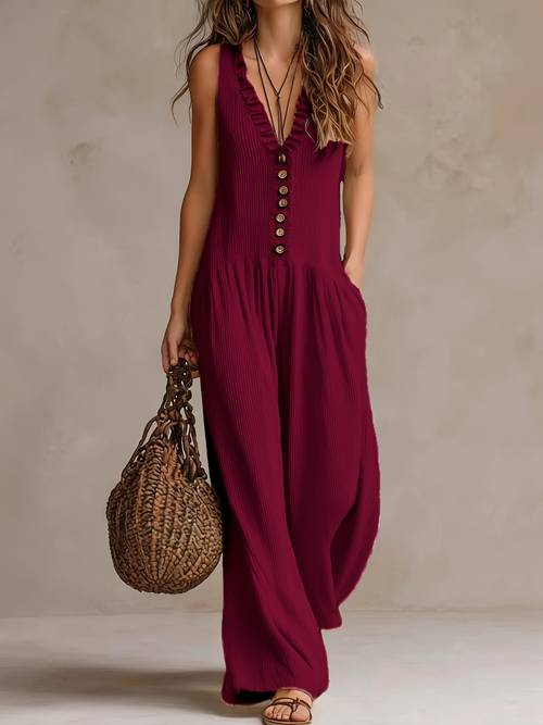 womens elegant ruched v neck jumpsuit casual ruffle hem sleeveless romper with pockets long pants suitable for spring summer early autumn beachwear holiday wear vacation wear office wear and daily wear