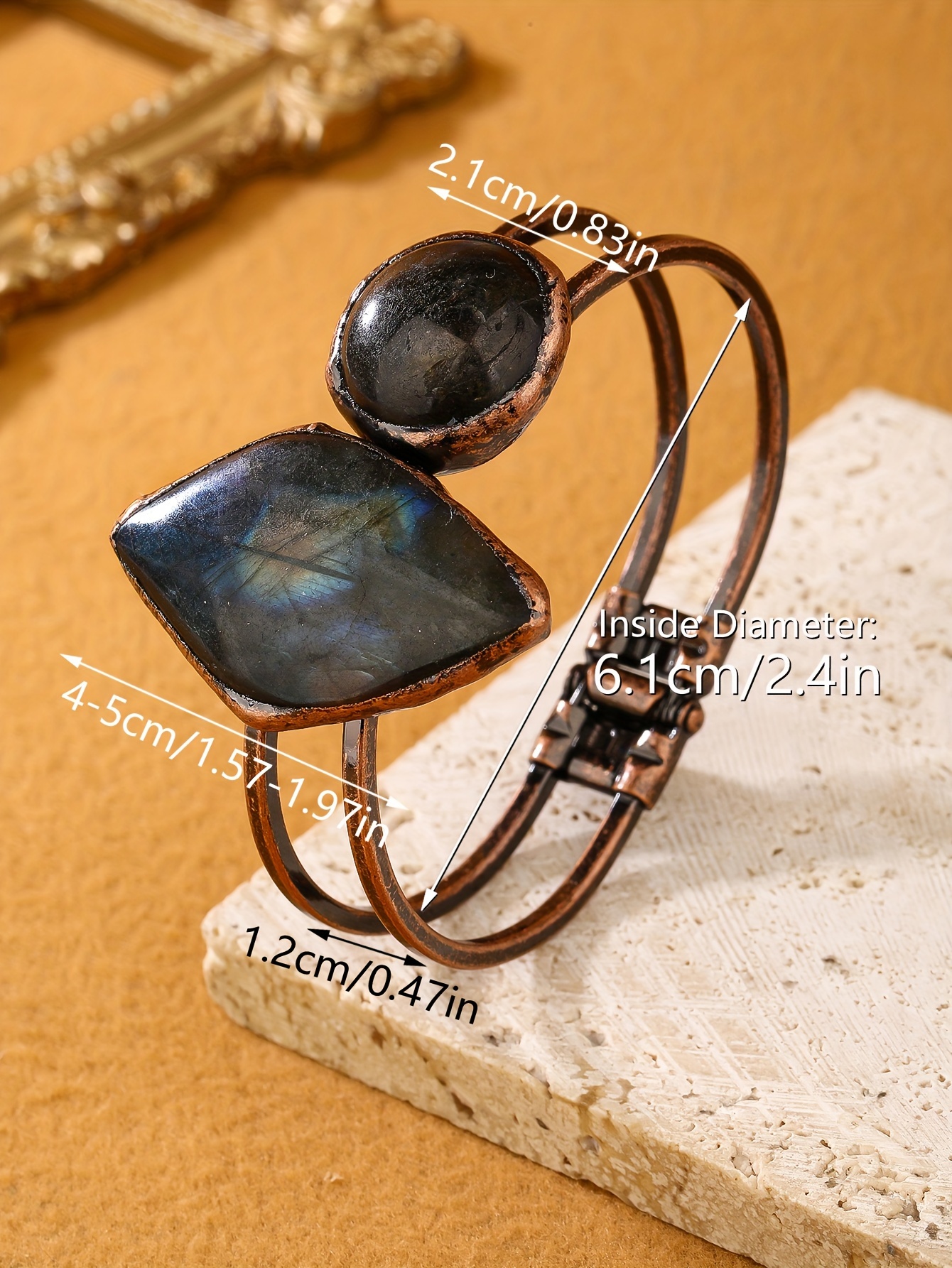 natural labradorite with random color random shape some black spots and sand   are natural   not damaged a vintage   labradorite combination natural   stone exaggerated and   handmade welding electroplating antique copper color bracelet womens party gift details 0