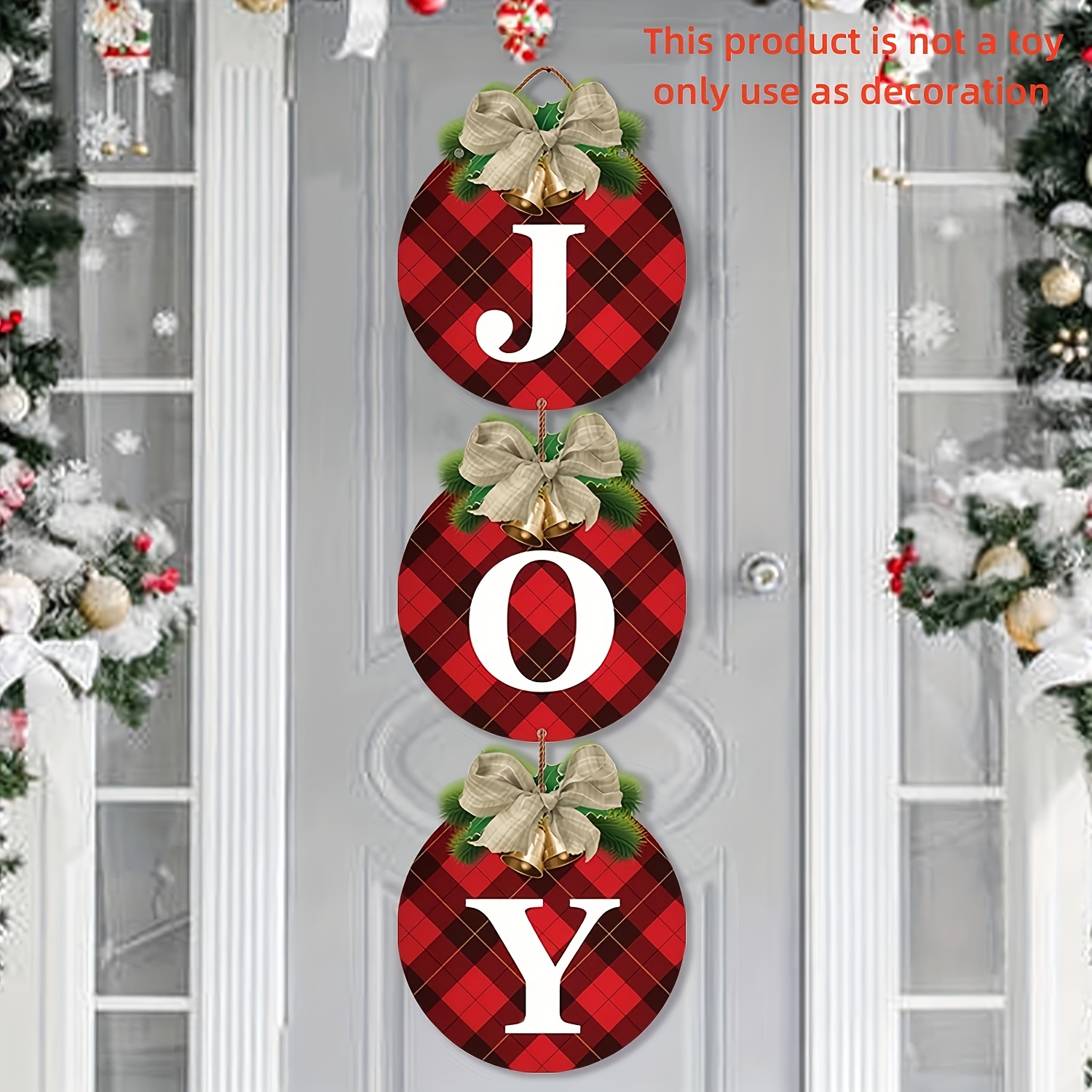 

3pcs Buffalo Plaid Joy Wreath Set - Rustic Christmas & New Year Door Decor, Durable Indoor/outdoor Signs With Hemp Rope For Festive Home Accent