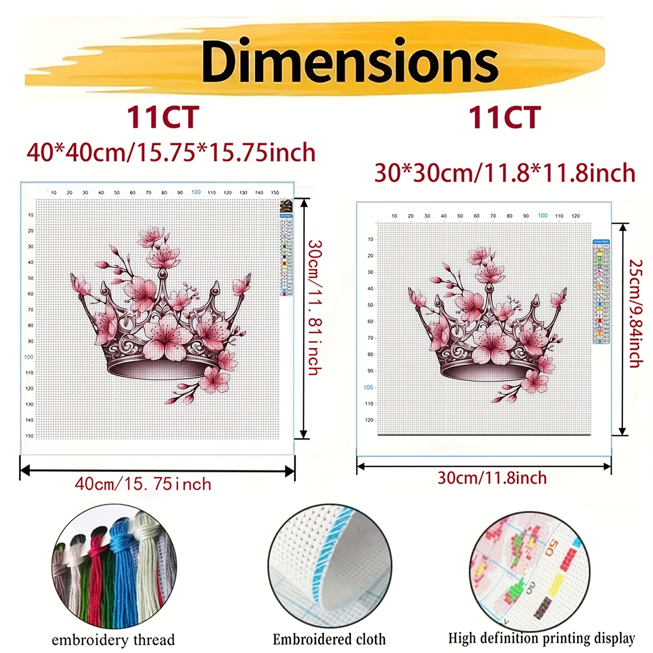 Printed DIY Cross Stitch Kit, "Pink Flowers with Crown" Pattern for Beginners