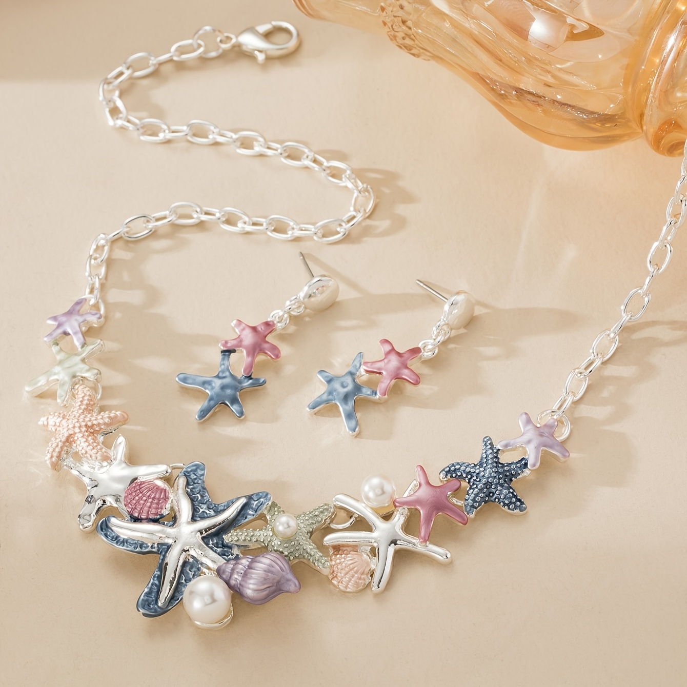 E-shop Fashion Bohemian Nautical Metall Seestern Schnecken Schmuckset für Damen Zusätze Neuer Trendiger Zinklegierung 1 Stück Halskette und 2 Stück
