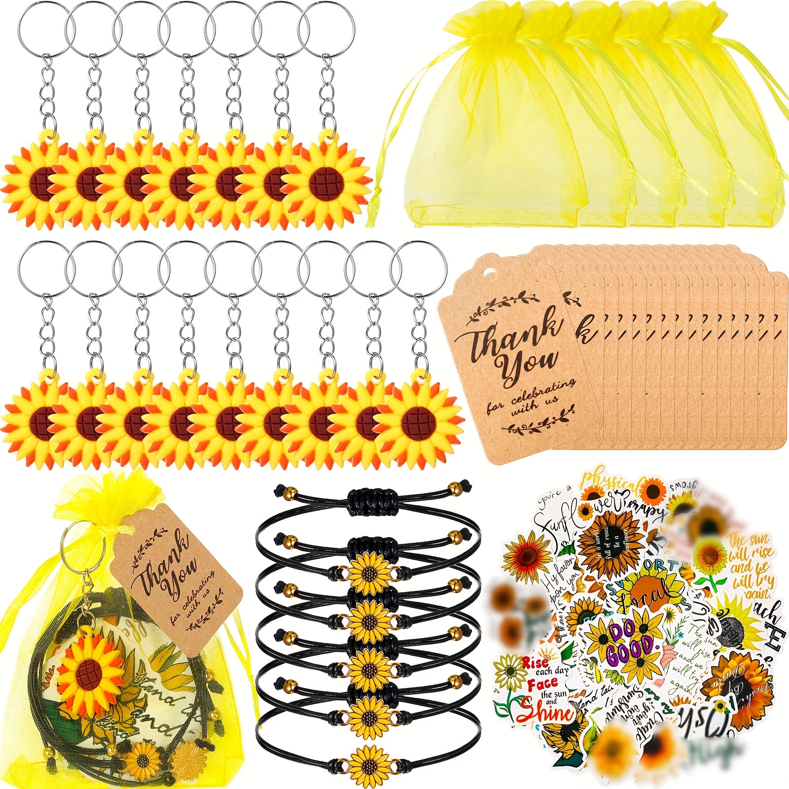 

130 Pcs Sunflower Party Favors Including Sunflower Keychains Adjustable Sunflower Bracelets Pvc Sunflower Stickers Thank You Kraft Tags Organza Bags For Birthday Summer Party Wedding School Reward