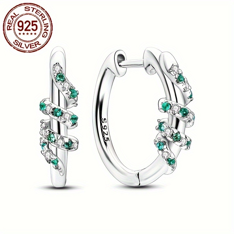 

Elegant Sterling Silver 925 Hoop Earrings With Sparkling Green Zirconia Stones, No Plating - 1pc Serpent Design, Perfect For Party And Valentine's Day - Versatile For All Seasons 2.2g