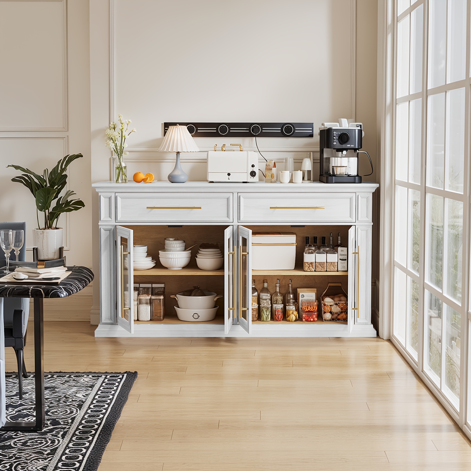 63 Mid-Century Modern Sideboard Cabinet - 2 Smooth-Opening Drawers & 4 Stylish Doors for Spacious Kitchen Storage, Perfect Coffee Bar Accent with Timeless Design