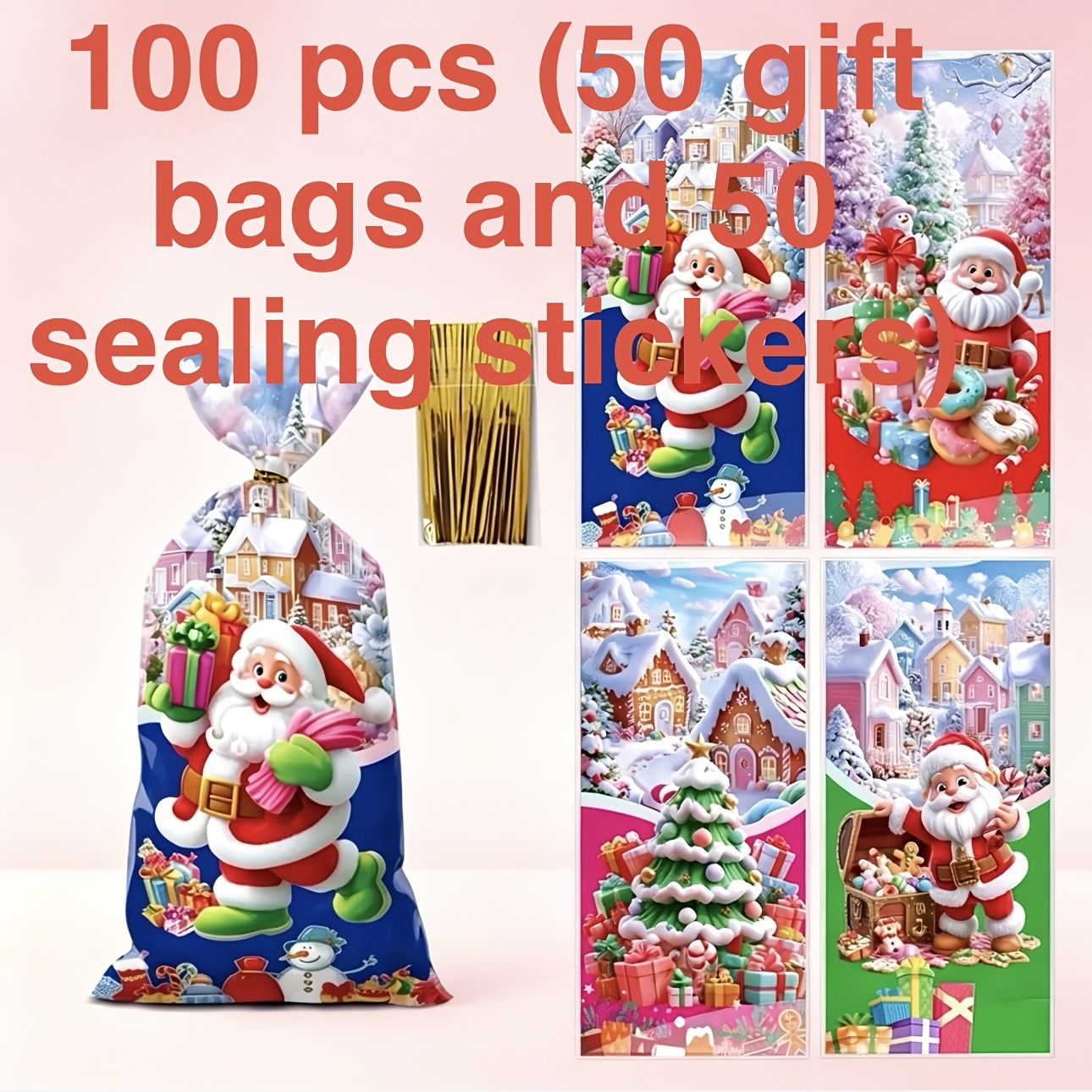 TEMU 100pcs Set Santa Claus Christmas Tree Reindeer Star Snowman Socks Gift Packaging Bags (including 50pcs Packaging Bags And 50pcs Ties) Christmas