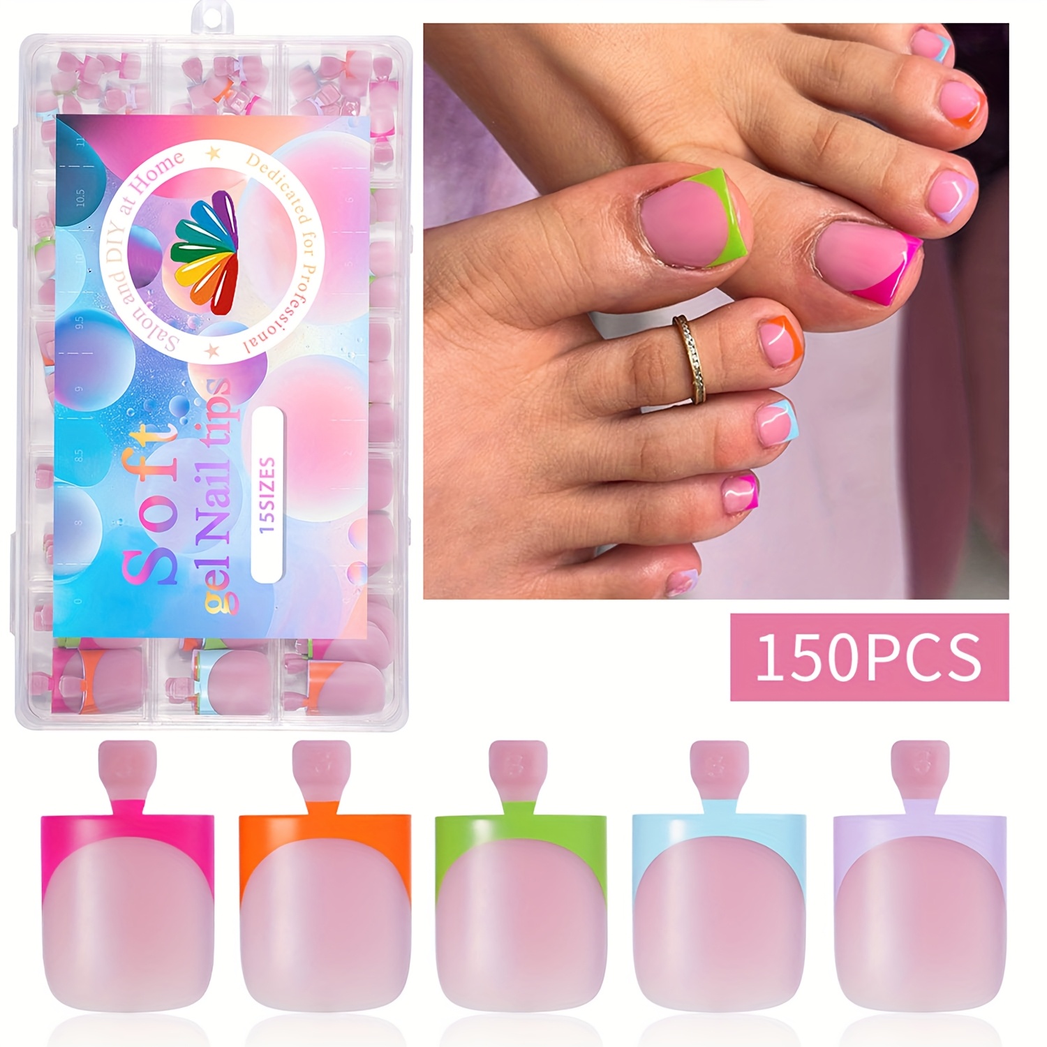 TEMU 150pcs Short Square Press-on Toenail Nails - Matte Artificial Soft Gel False Nails, 5 Fashionable Colors Of Fuchsia, Orange Green, Purple, Blue,