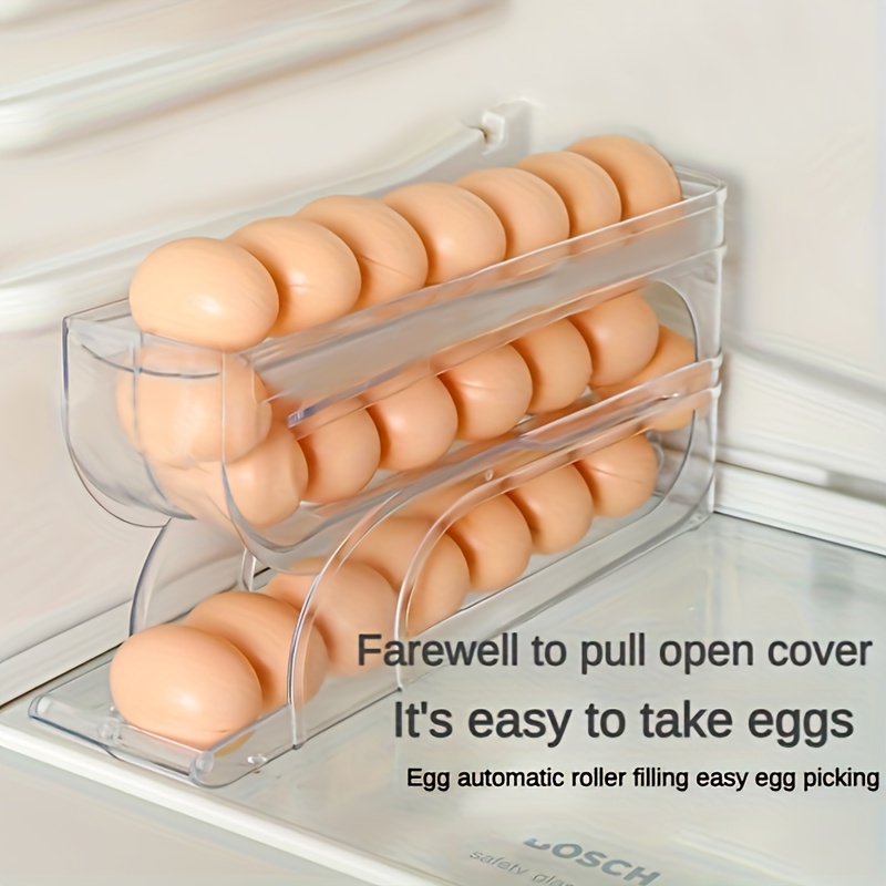 3-Tier Egg Storage Rack for Refrigerator & Kitchen Countertop - Sliding & Rolling Dispenser with Automatic Egg Pickup, Food-Safe Plastic, Space-Saving Design for Freshness Preservation, Egg Organizer for Refrigerator, Compact Layout, Durable Plastic, Meal Preppers, Modern Kitchenware, Hygienic Material, Home Cooks