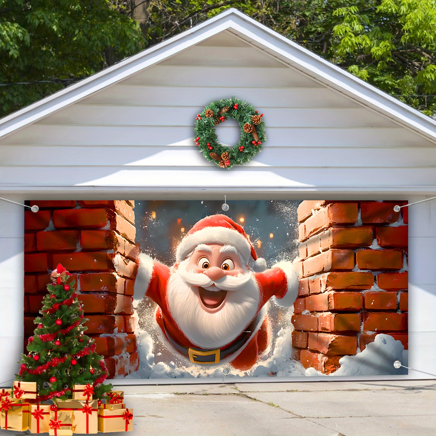 1pc Vibrant Santa Claus Ice Garage Door Banner - Large Festive Christmas Outdoor Decoration, Perfect For Party Backdrops & , Easy To Hang, Durable Polyester, Christmas Decorations