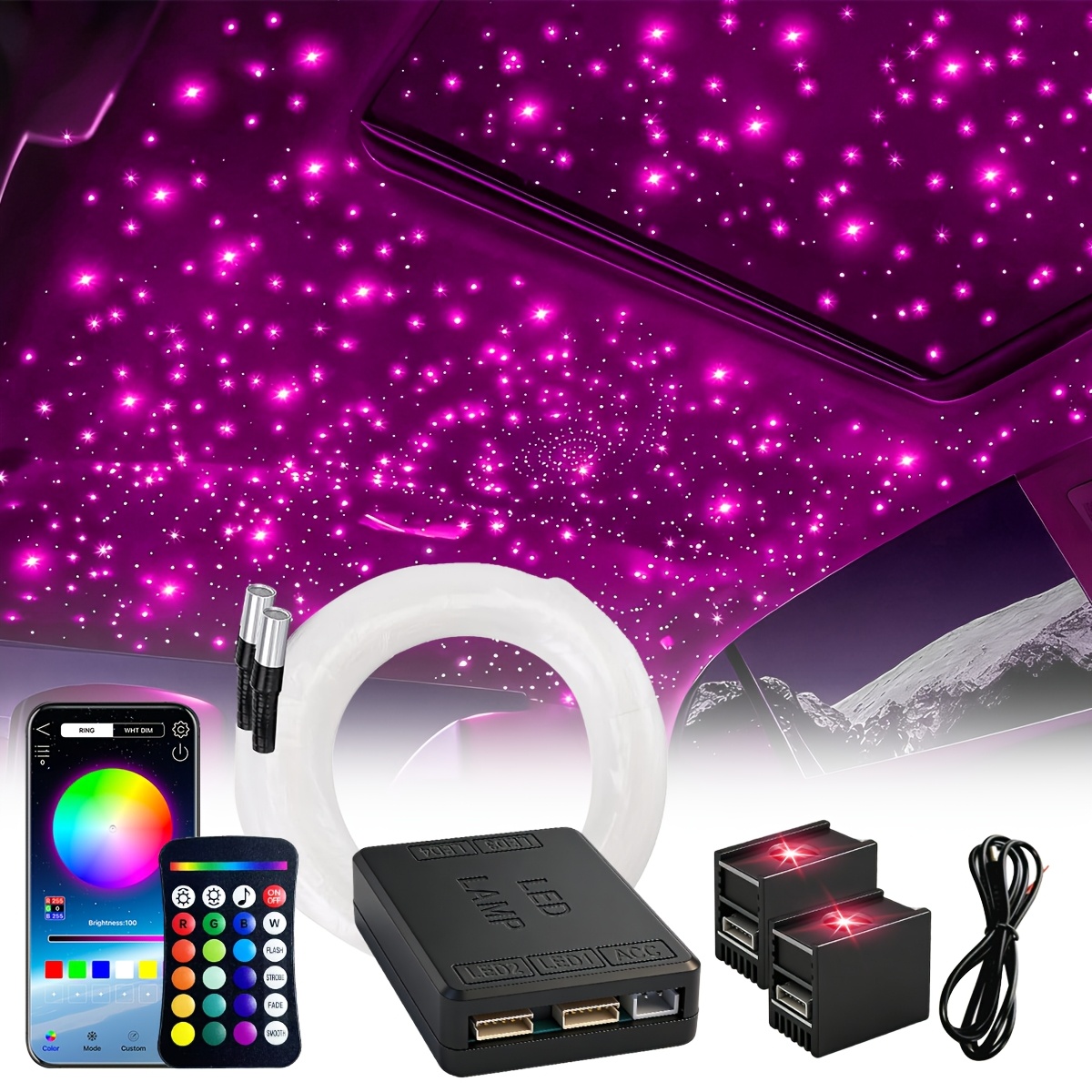 Image of Light Headlights Kit, 300/600pcs " 4.9ft/6.5ft Fiber Optic Star Lights For Car With 1/2 Light Heads, 16w Mini To Hide Flexible Wiring App/remote Control