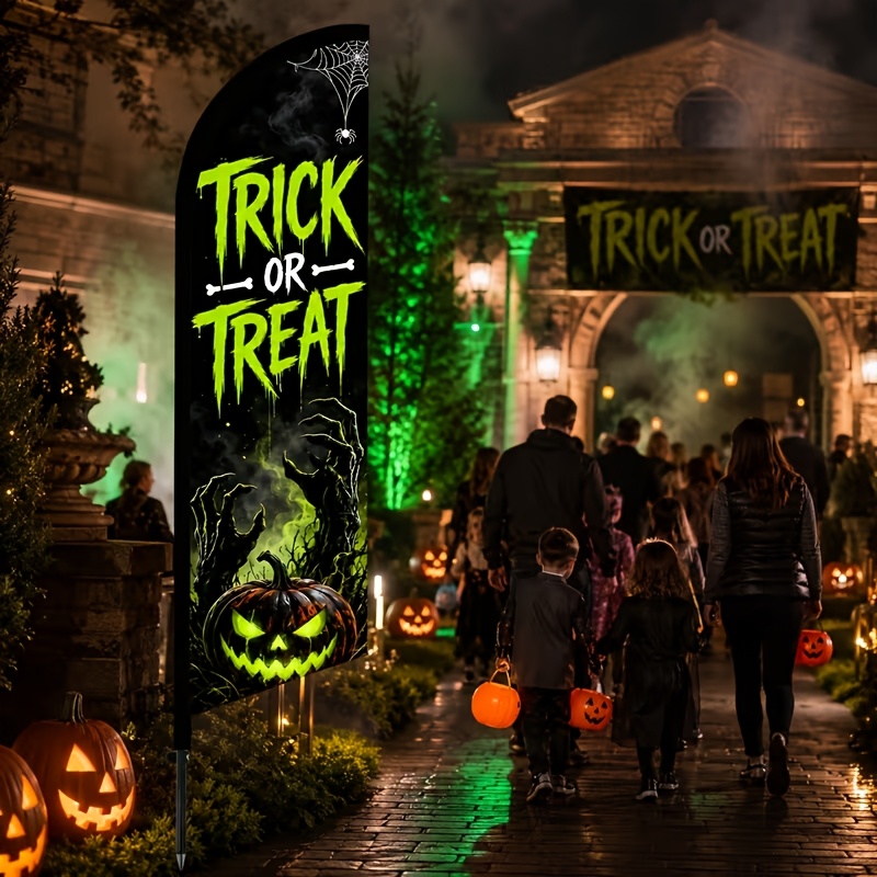 TEMU Halloween-themed Feather Flag, Pole Not Included, Green Spooky Candy Style, And , Wind-resistant And Durable, Portable And . Suitable For Candy