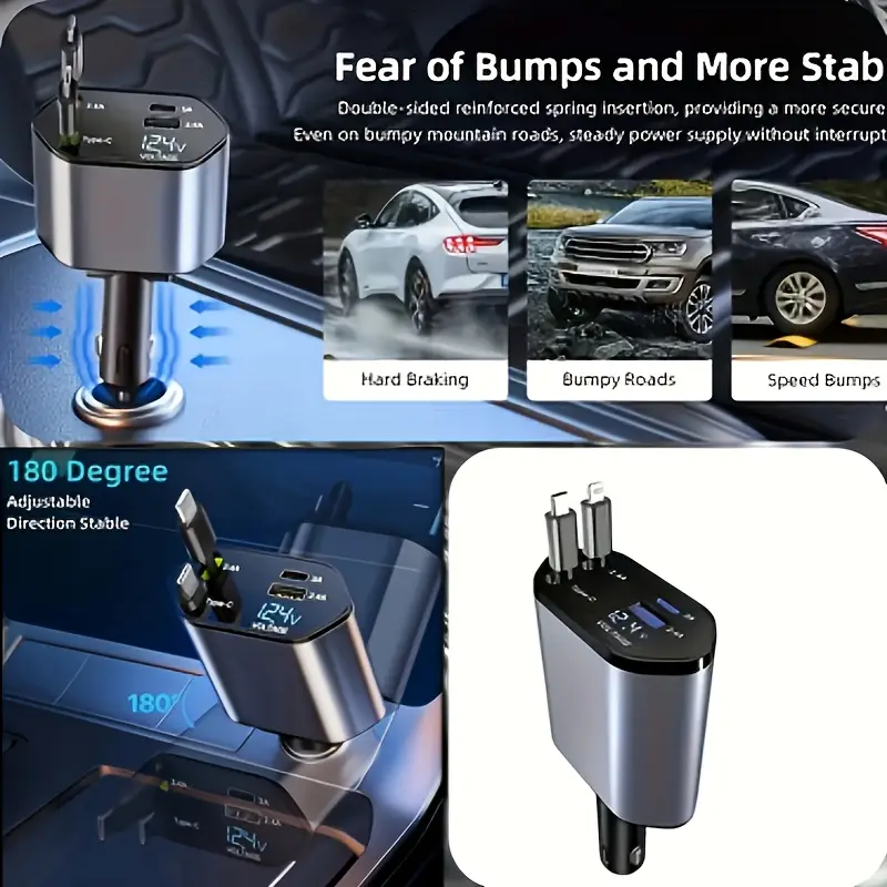Retractable Car Charger – Fast USB-C/iPhone Compact Adapter