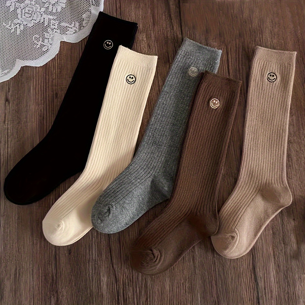 Image of 5 Pairs Girls' Embroidered Face Calf Socks - Striped Pattern, Breathable Durable Casual Socks For Autumn Winter, Assortment, Cute Socks